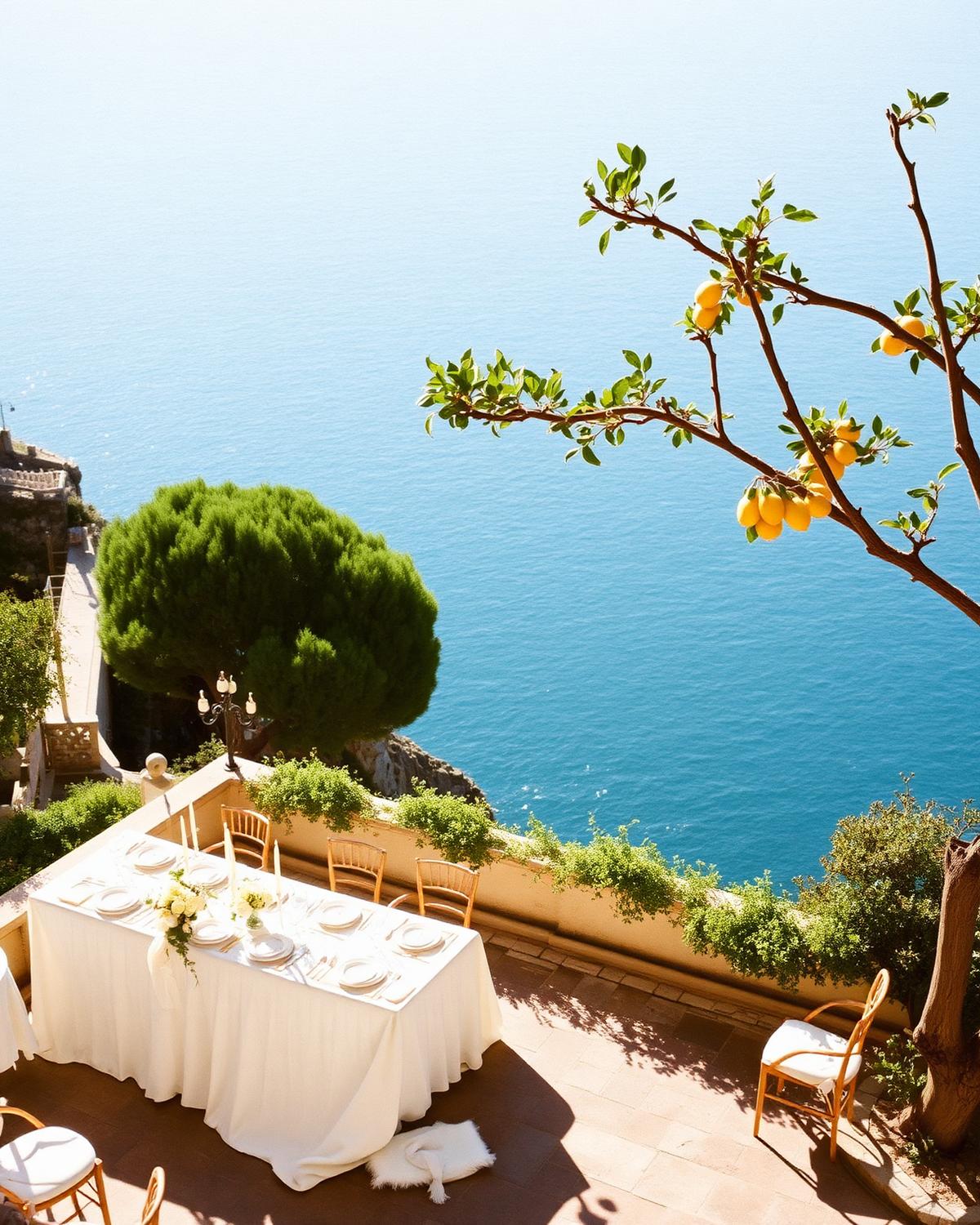 Amalfi Coast wedding collection — A cliffside terrace, lemons overhead, the sea just beyond the balustrade.